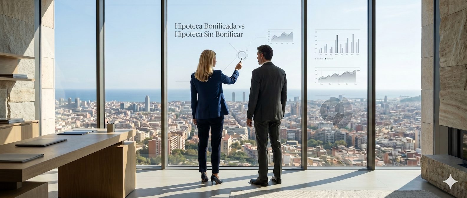 Marisa Arcos analizando datos de riesgo con un cliente, despacho con vistas a Barcelona
